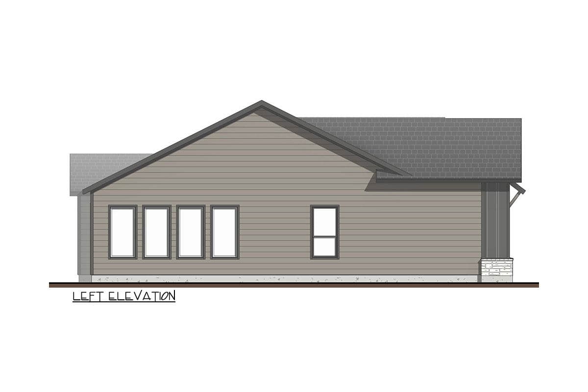 Left elevation house plan with horizontal siding, a gable roof, and multiple windows.
