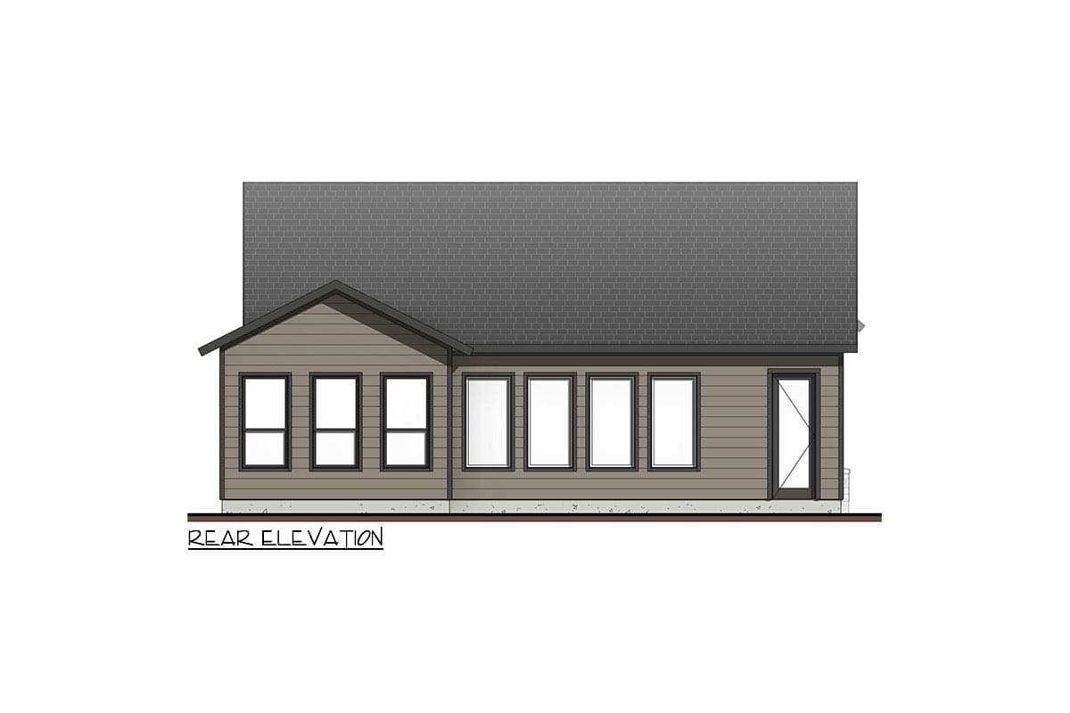 Rear elevation drawing of a house with a gable roof, horizontal siding, three small windows, five large windows, and one door.