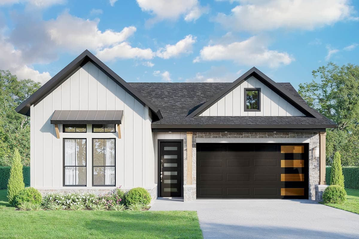 House plan exterior with Modern Farmhouse style, single story, and a gable roof. Features include an awning over the windows, and a two-car garage.