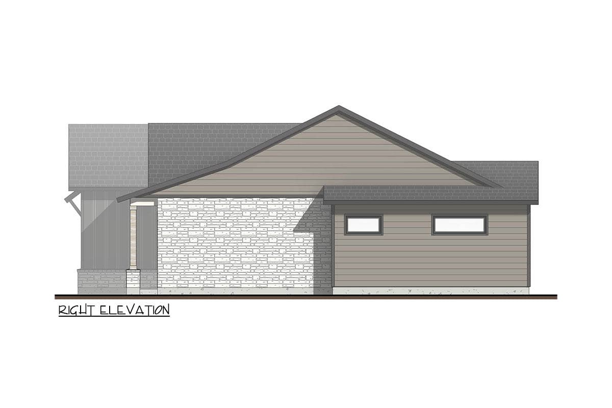 Right elevation of house plan featuring stone accent siding, horizontal siding, gabled roof, and two rectangular windows.