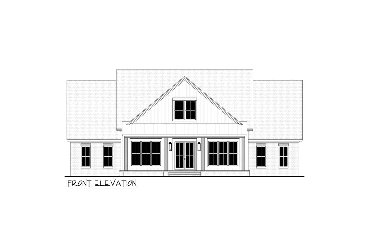 Front elevation drawing of a one-story house plan with a prominent central gable, wide covered porch, and double entry doors.