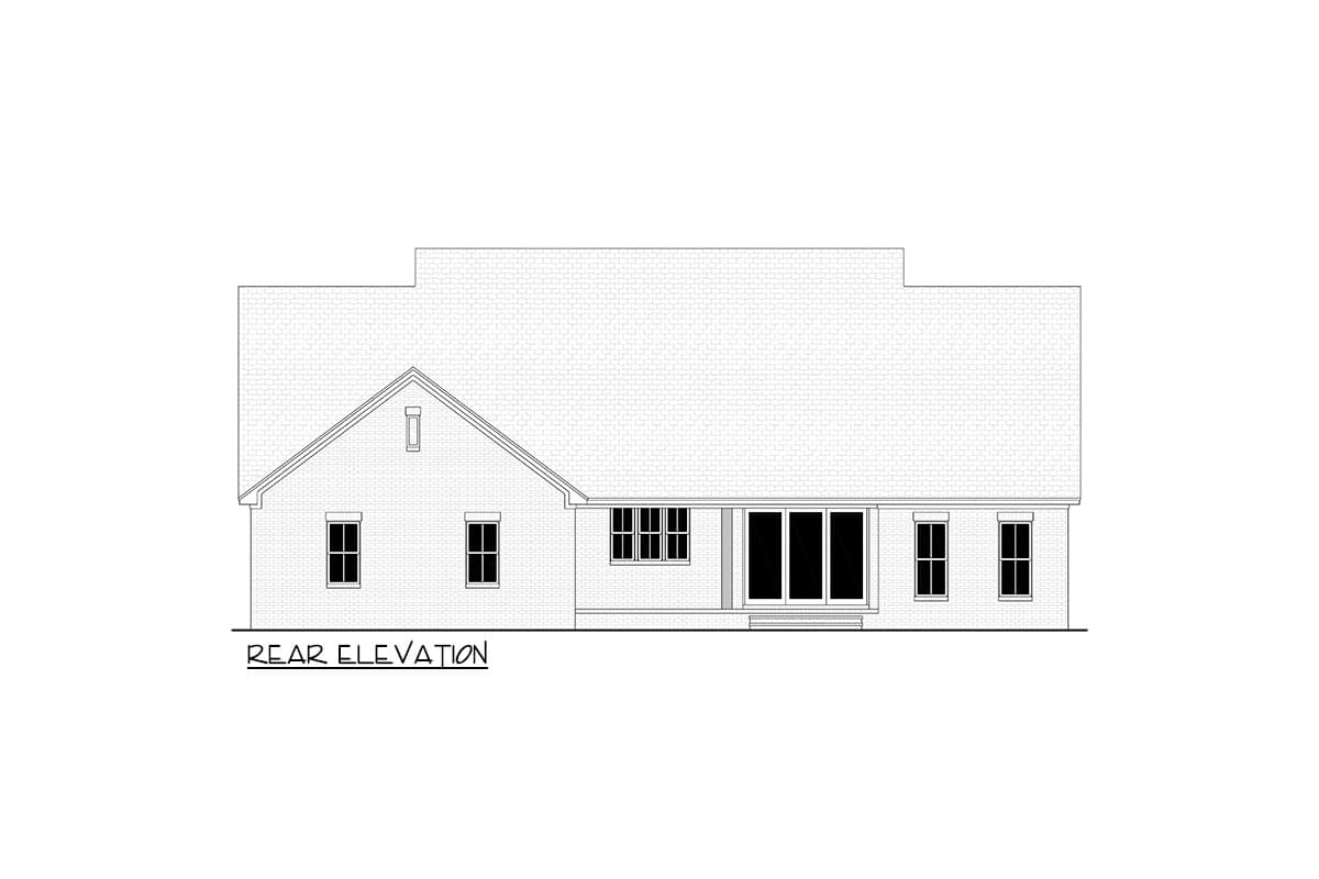 Rear elevation drawing of a one-story house plan featuring a gable end, multiple windows, and sliding glass doors.