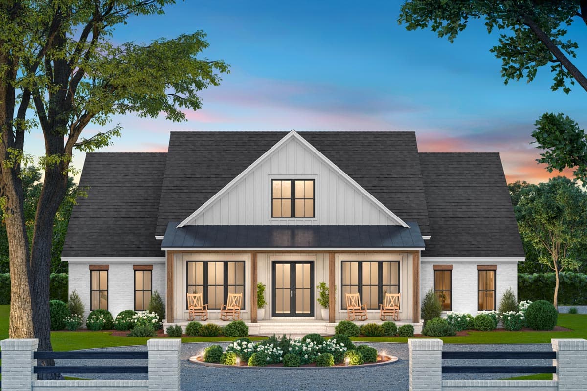 House plan exterior, Modern Farmhouse style, one story, with covered porch, gabled dormer, and central double entry doors.