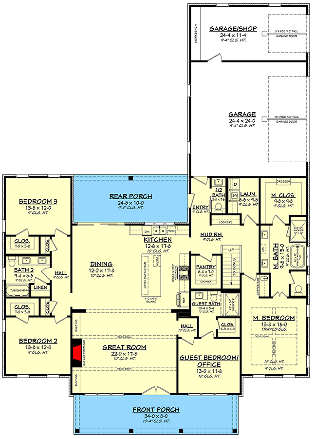 Plan 51988HZ: 4-Bed Country Farmhouse Plan with Workshop and Bonus Room - 2585 Sq Ft - Floor Plan - Main Level - Country, Farmhouse, Modern Farmhouse, New American