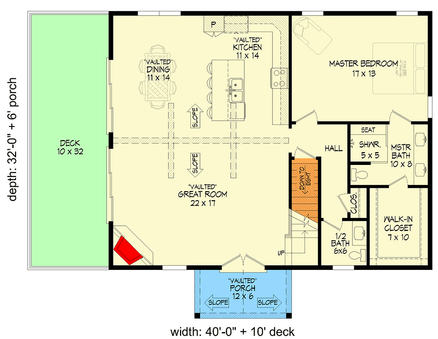 Plan 680502VR: 3-Bed Mountain House Plan with Two-Story Great Room - 1770 sq Ft - Floor Plan - Main Level - Country, Mountain, New American, Rustic