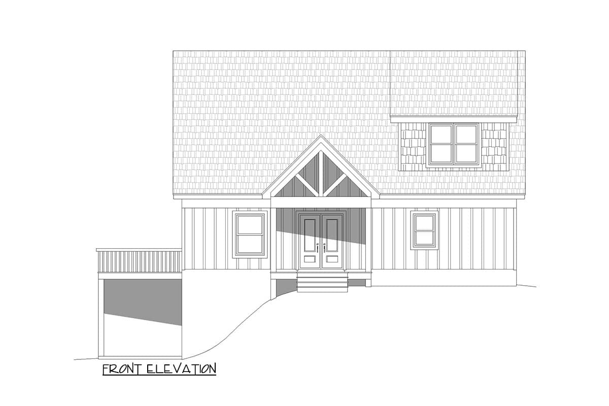 Front elevation drawing of a house plan with a covered porch, double entry doors, gabled roof, and side deck.