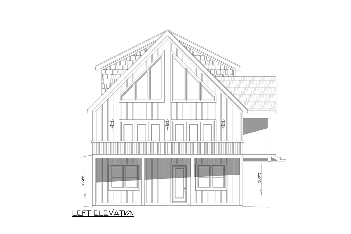 Left elevation drawing of a two-story house plan featuring a full-width porch, gabled rooflines, and a prominent central gable with multiple windows.