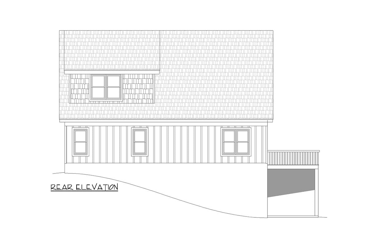 Rear elevation drawing of a house plan with vertical siding, shingle siding, dormer, and deck.