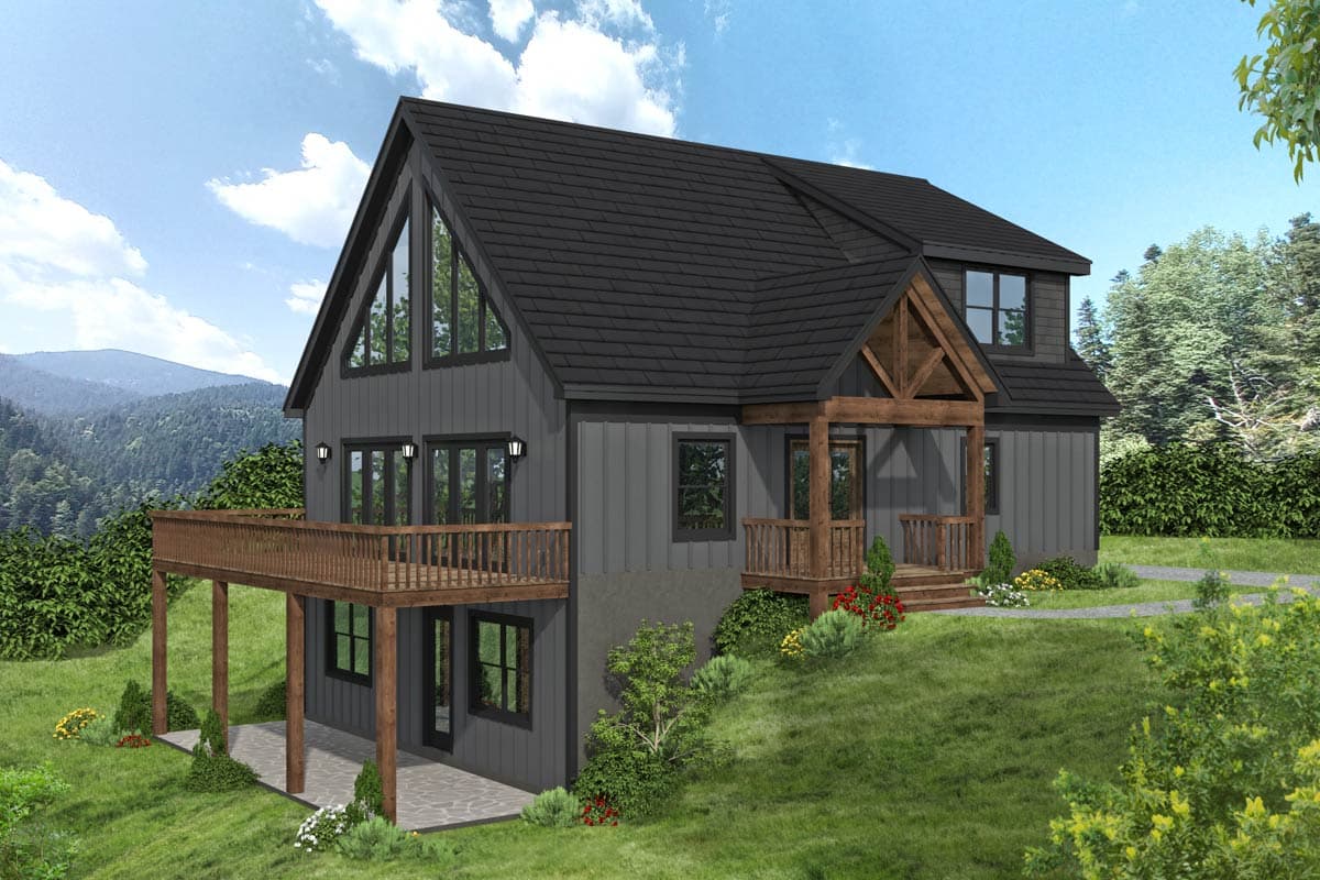 House plan exterior. Two-story home with a gabled roof, a wooden porch, and a large deck. Features include exposed beams and large windows.