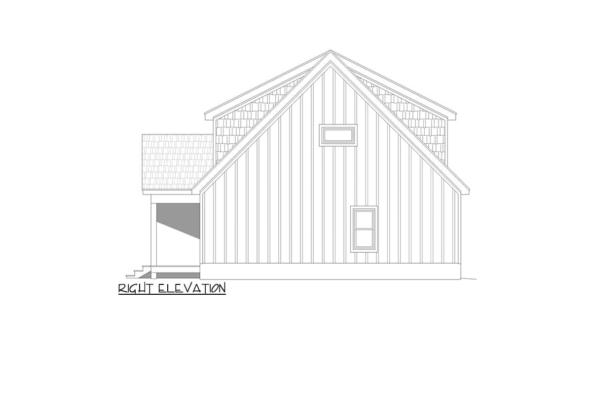 House plan right elevation drawing showing vertical siding, shingled gables, two windows, and a covered porch.