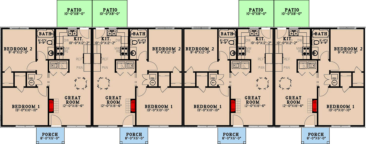 Plan 70912MK: Traditional Four-Plex House Plan with 2-Bed Under 750 Sq ft Per Unit - Floor Plan - Main Level - Ranch, Traditional