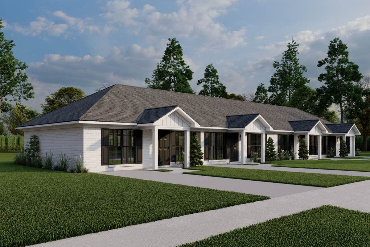 House plan exterior: single-story Modern Farmhouse with white brick, gabled entryways, and large dark-framed windows.