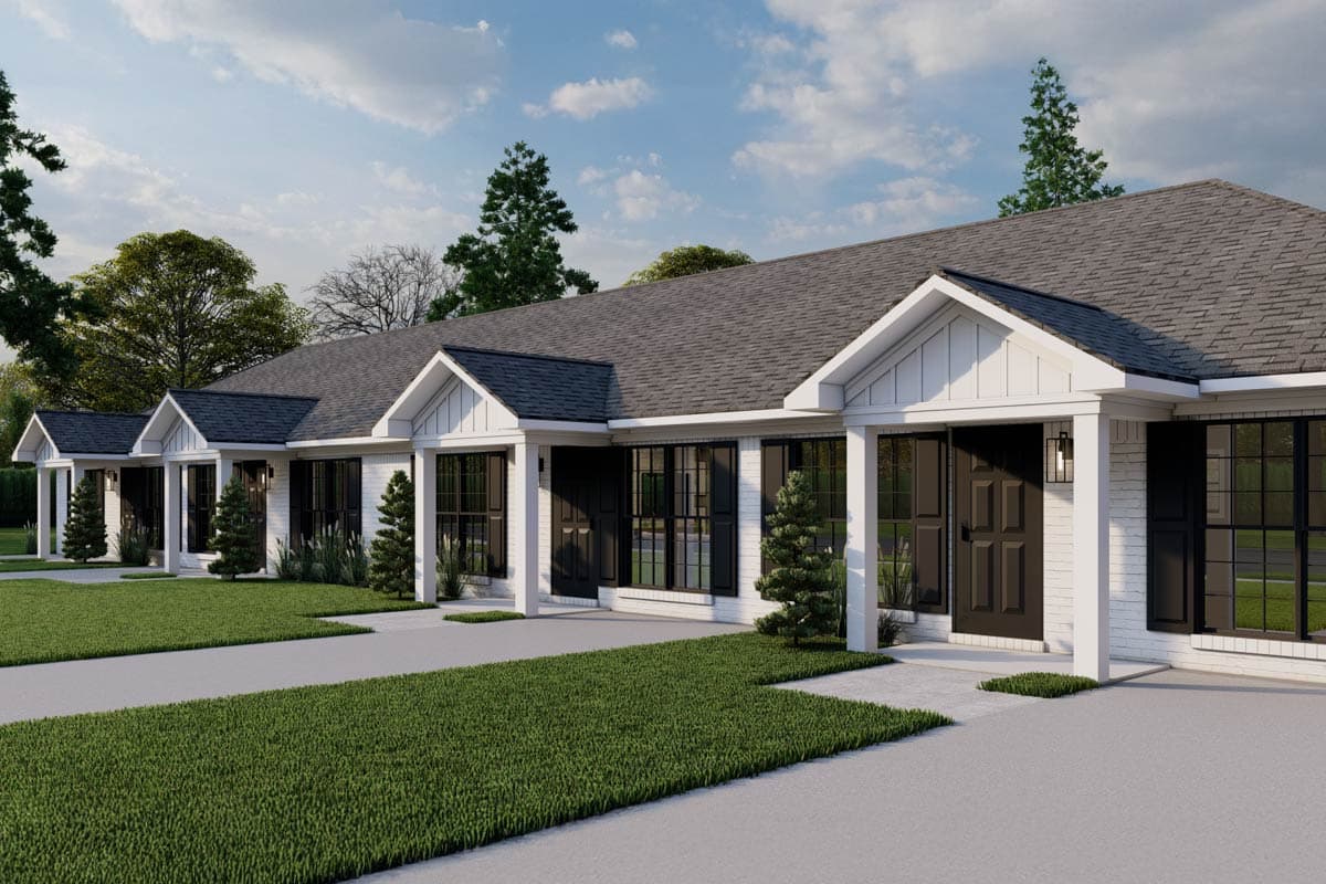 Ranch style house plan exterior with white brick, dark trim, gabled dormers, and covered entryways.