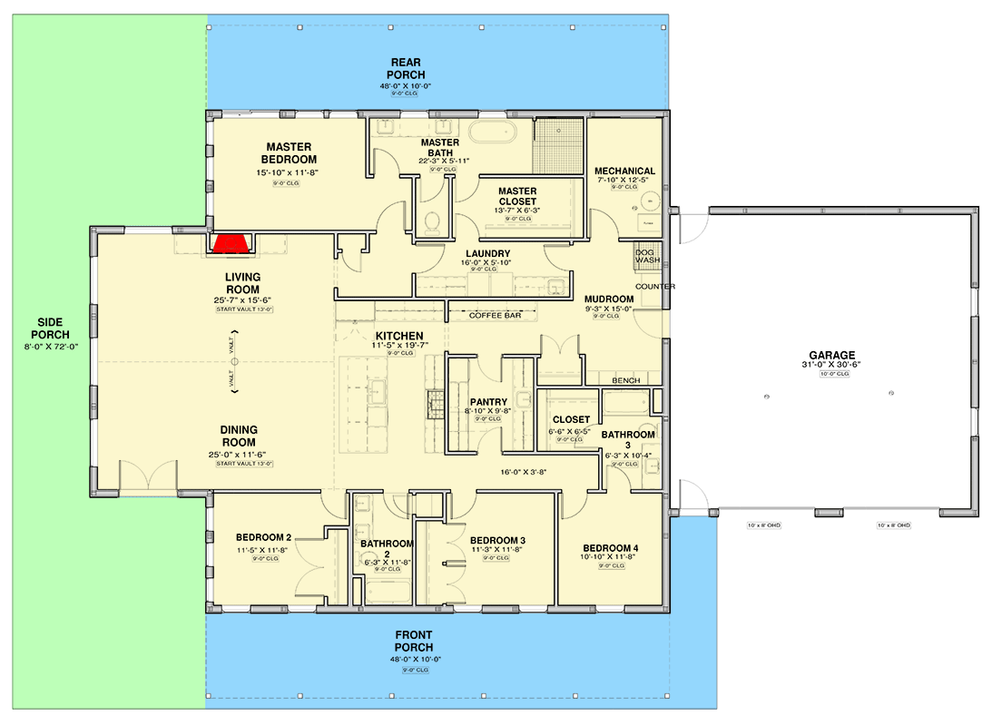 Plan 600012PDZ: 4-Bed Farmhouse Plan with Vaulted Great Room - 2836 Sq Ft - Floor Plan - Main Level - Barndominium, Country, Modern Farmhouse, Ranch