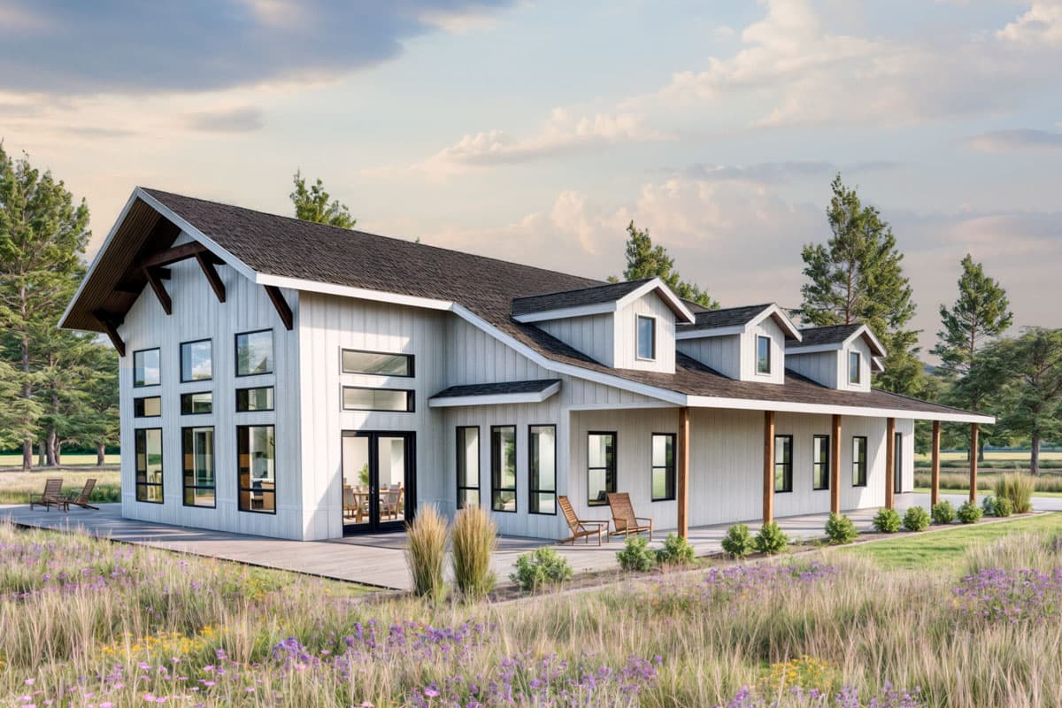 Modern farmhouse house plan exterior with a gabled roof, dormers, and a covered porch with supporting columns. Two story structure with large windows.