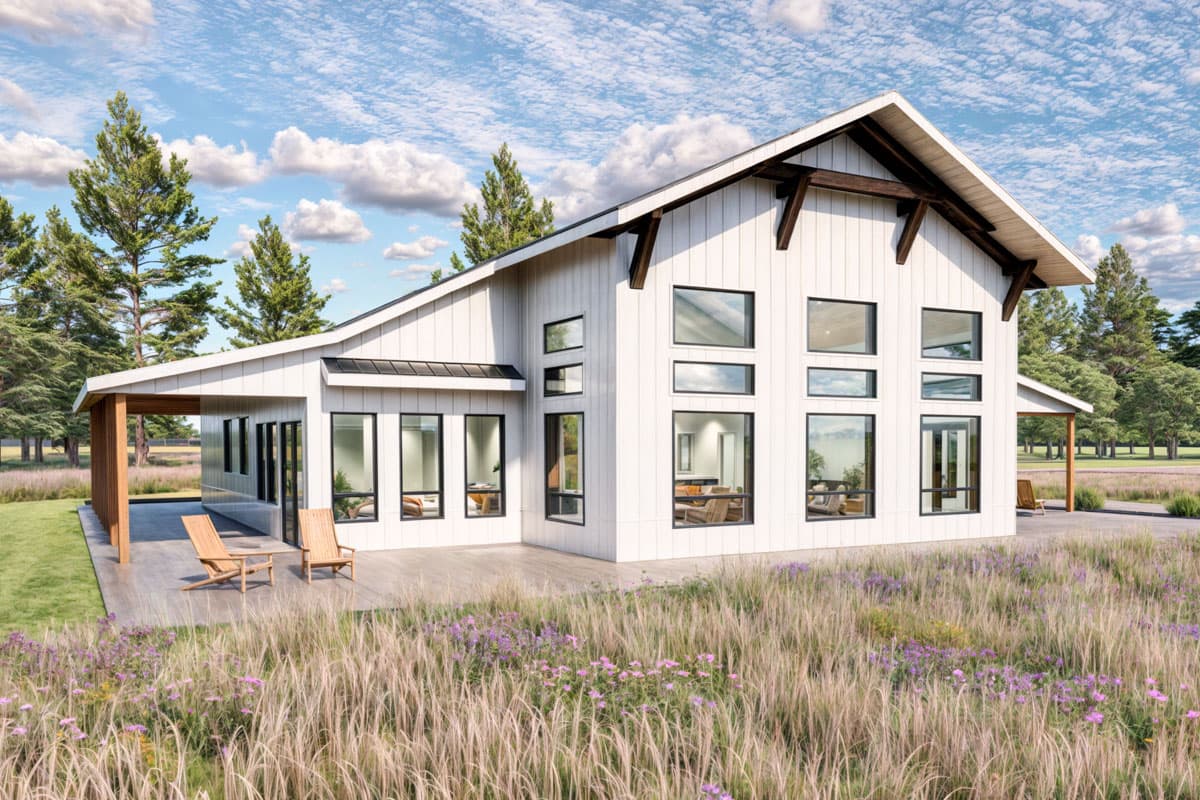 Modern Farmhouse house plan exterior with vertical siding, large windows, gabled roof with exposed rafter tails, and covered porch.