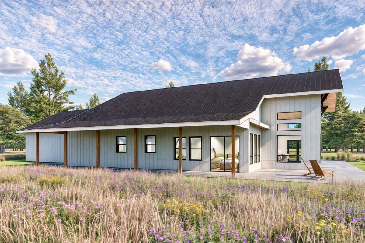 Modern house plan exterior, one story, gable roof, covered porch with wood posts, and large windows.