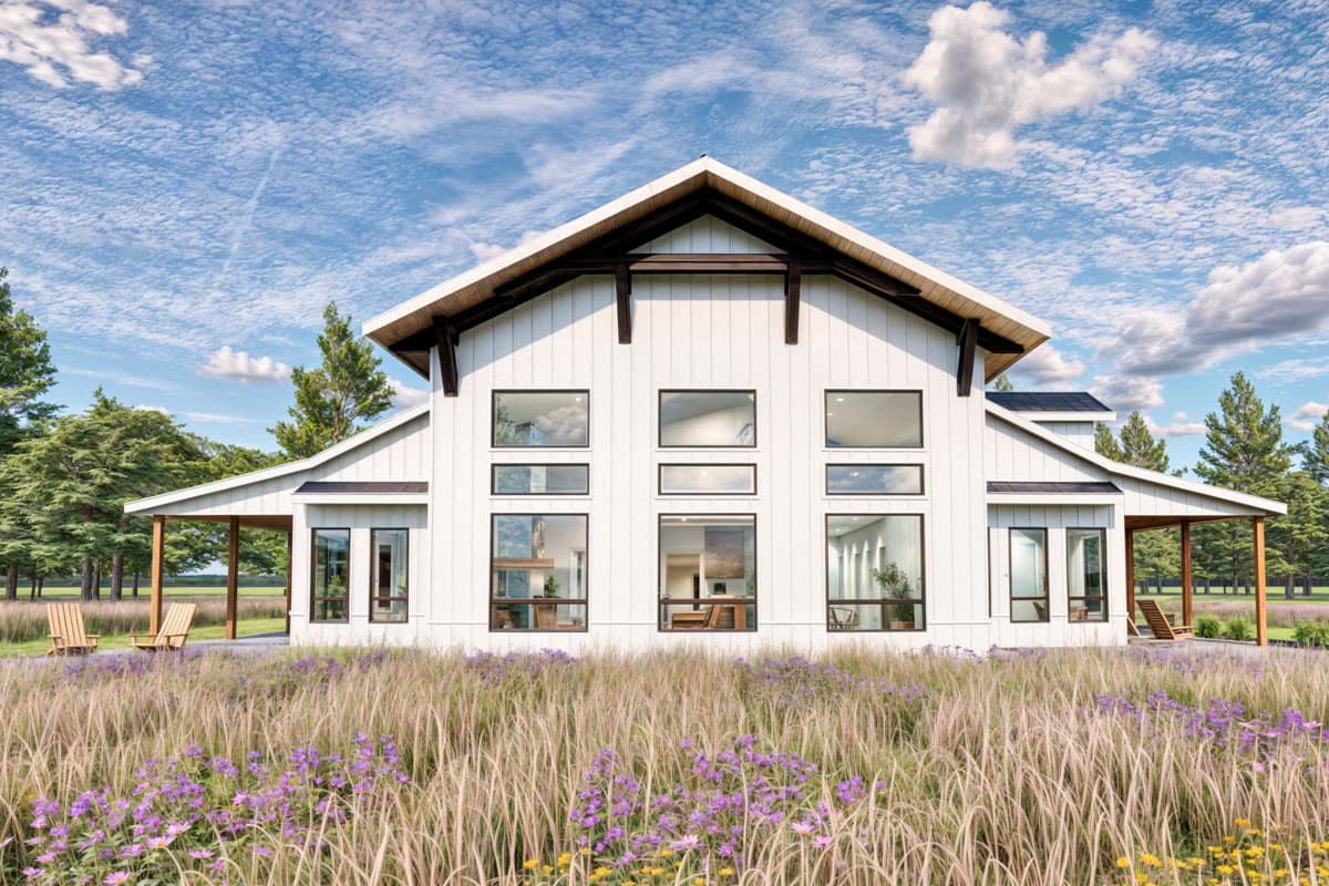 Modern Farmhouse house plan exterior with white board-and-batten siding, prominent gables, and covered porches.