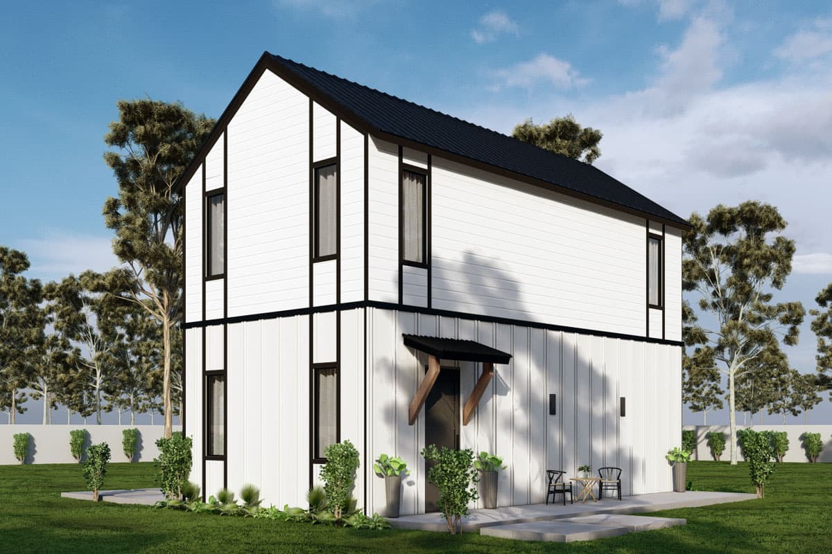 Modern house plan exterior: two stories, white siding with black trim, gabled roof, and covered entry.