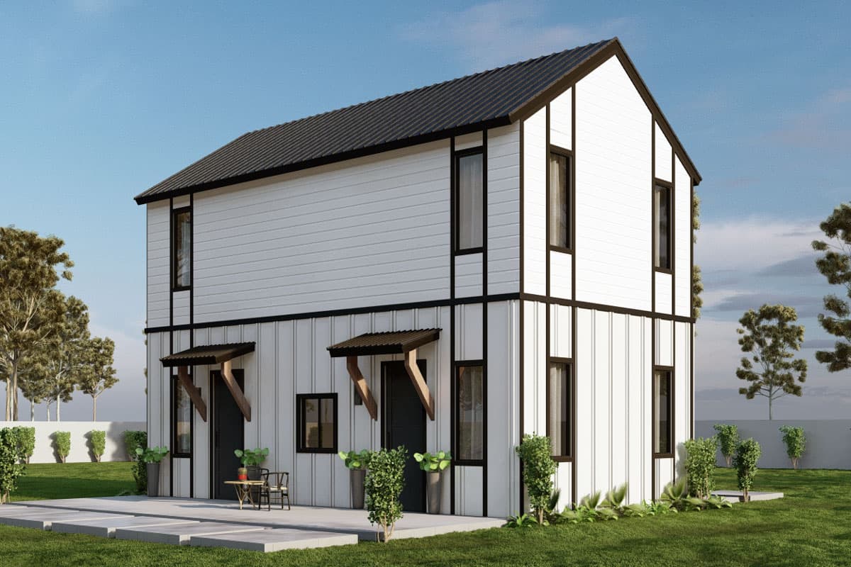 Modern two-story house plan exterior with contrasting vertical and horizontal siding, dark gabled awnings over entrances.