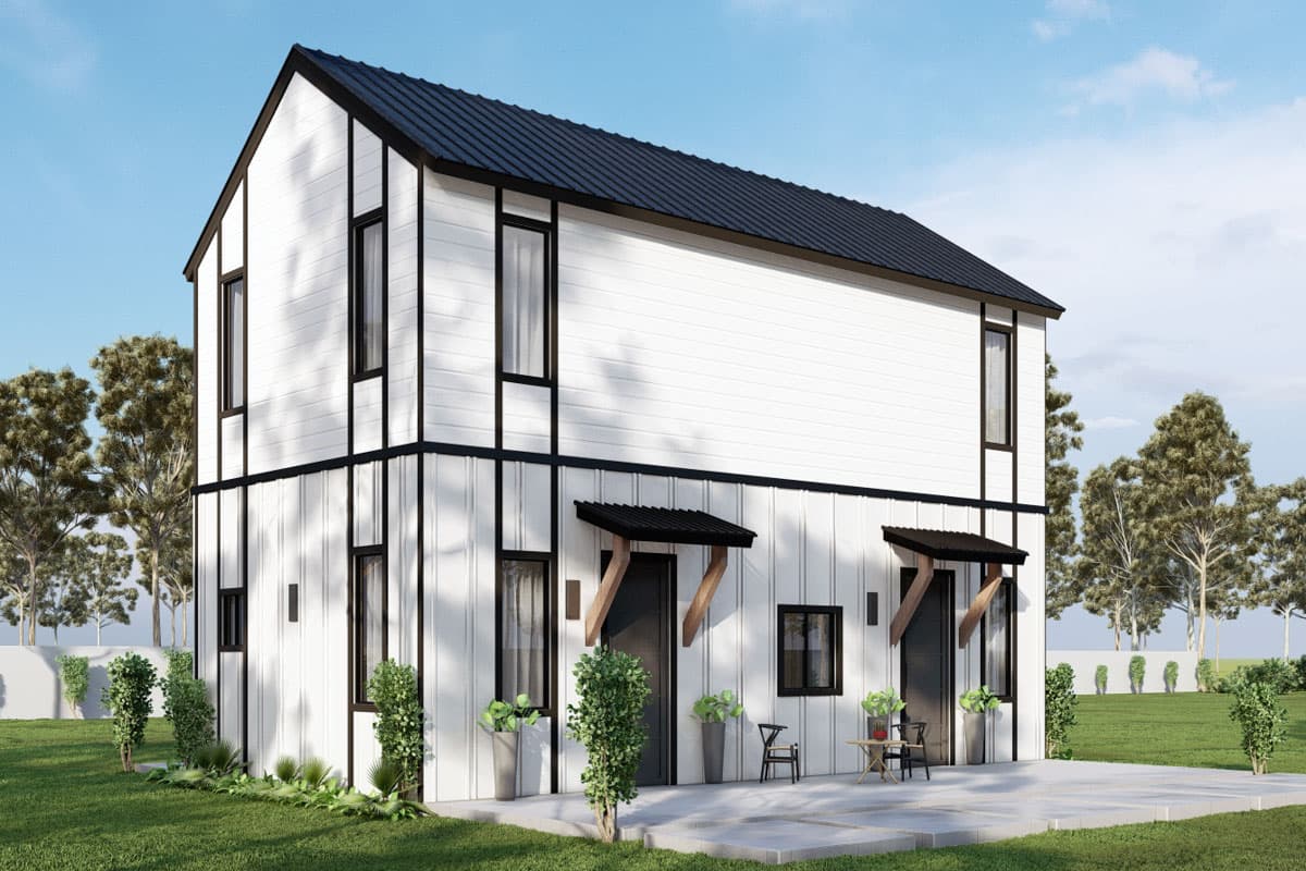 House plan exterior with modern style, two stories, black trim, shed awnings over doors, and black metal roof.