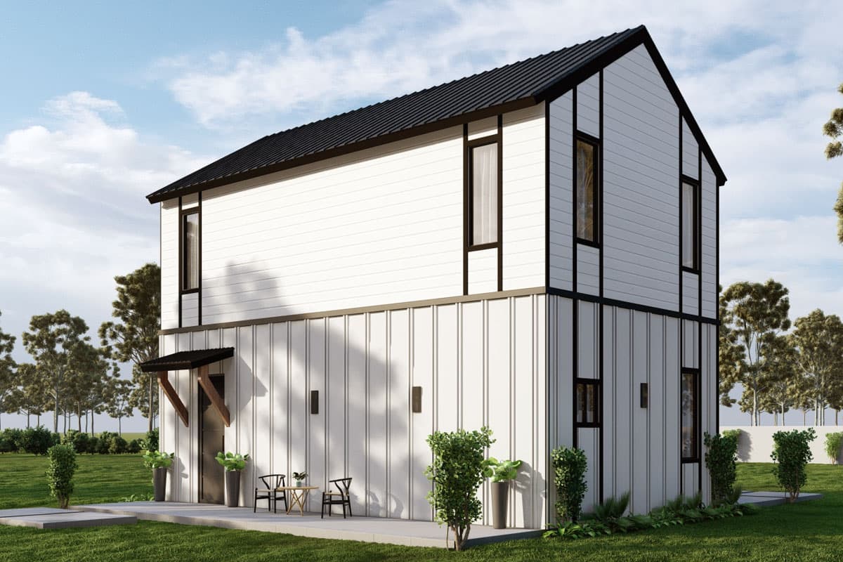 Modern two-story house plan exterior with white siding, black trim, a sloped roof, and a small covered entryway.