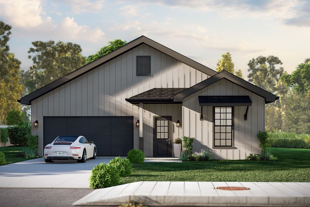 House plan exterior. Modern Farmhouse style with a single story, gable roof, covered entry, and attached garage.