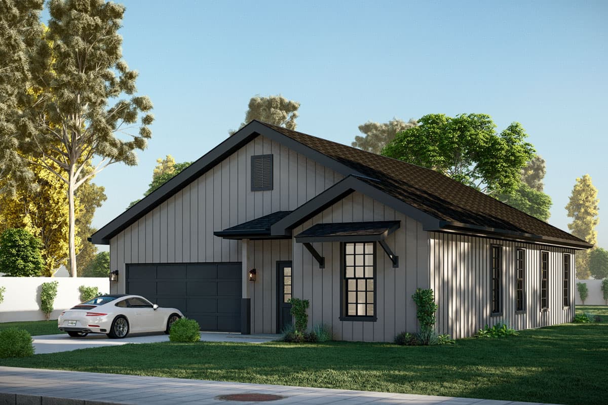 Modern Farmhouse style house plan exterior, one story, with vertical siding, gable roof, and attached two-car garage.