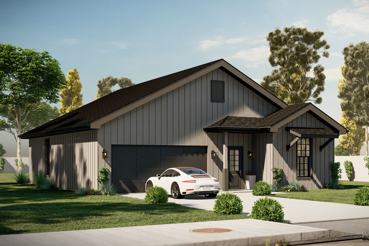 Modern Farmhouse house plan exterior, one story, with vertical siding, gable roof, and attached garage.