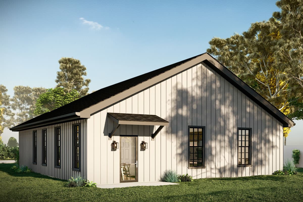 House plan exterior with vertical siding, gable roof, entry awning, and multiple tall windows.