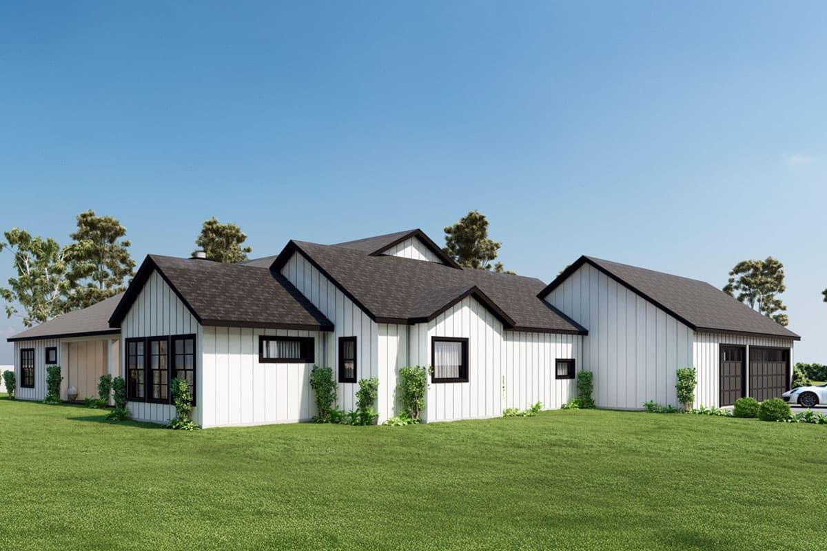 House plan exterior of a one-story modern farmhouse with gabled roof, board and batten siding, and attached two-car garage.