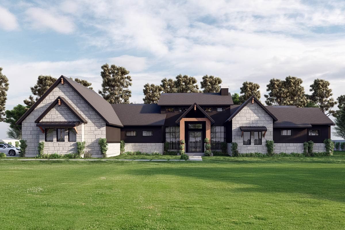 House plan exterior. One-story Modern Farmhouse with gabled rooflines, stone facade accents, and a covered entry. Black trim details.