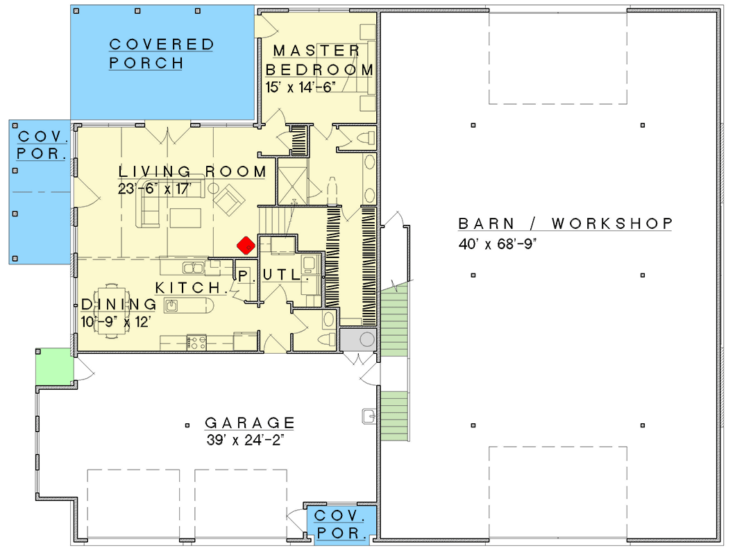 Plan 333025JHB: Two-Story Hill Country Barndominium House Plan with Oversized Workshop - 2584 Sq Ft - Floor Plan - Main Level - Barndominium, Country, Hill Country