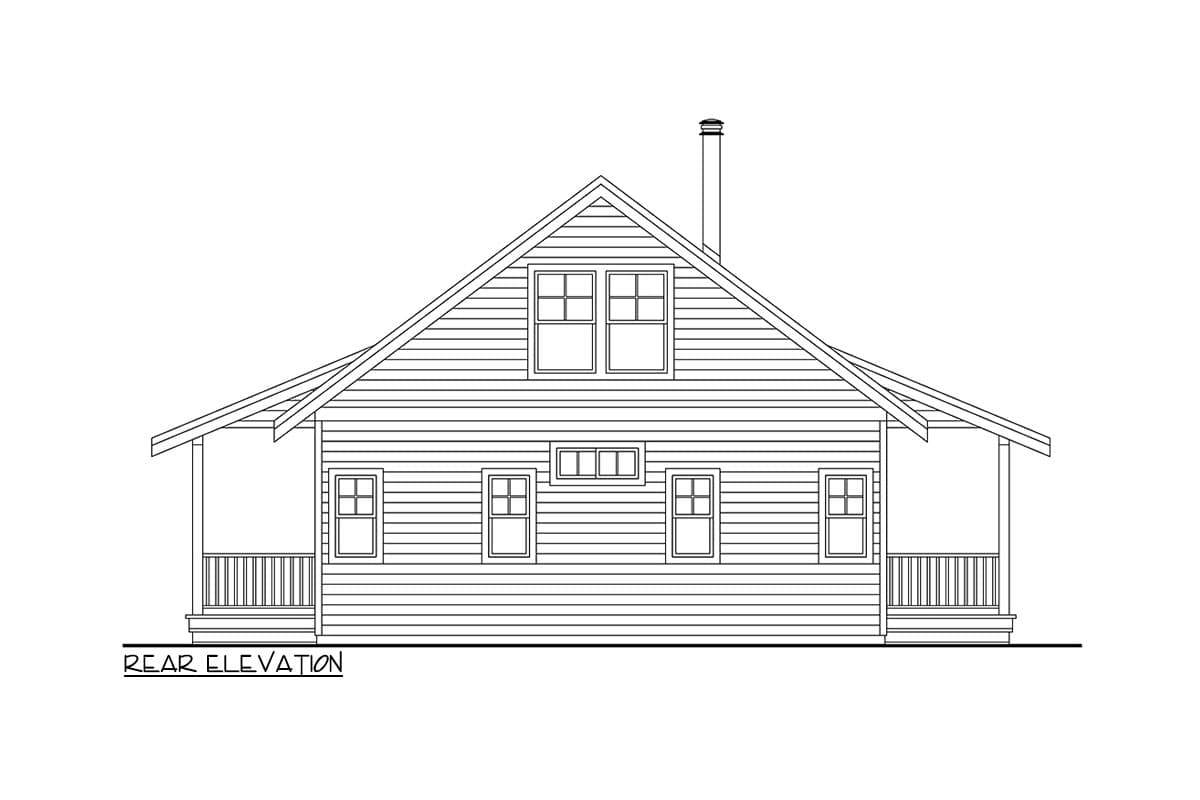 Rear elevation house plan featuring a steeply pitched gable roof, full-width porches with railings, and multiple windows.