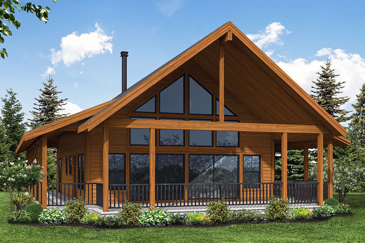 House plan exterior. One-story wood-clad house with a gable roof, covered porch, and tall windows. Features include a chimney.