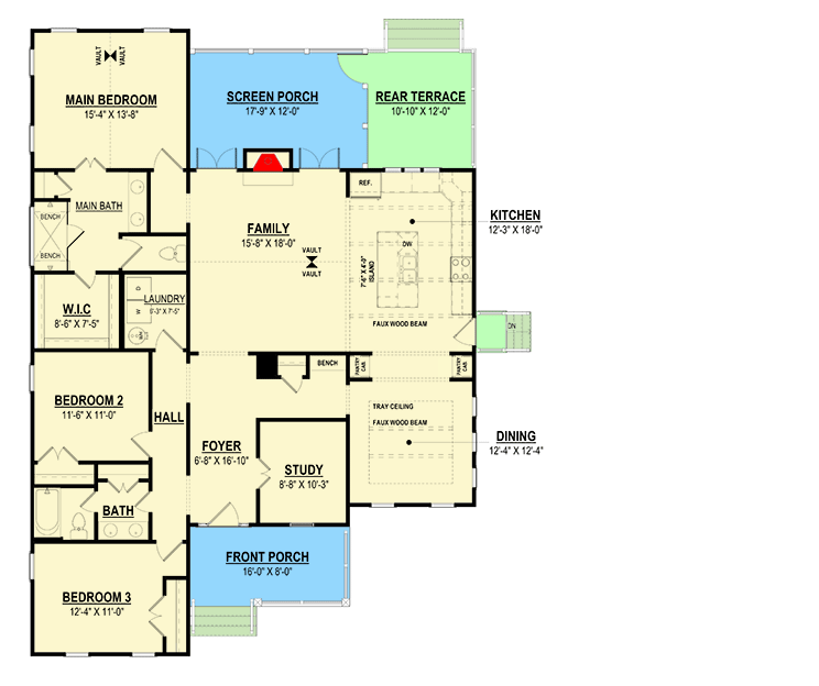 Plan 83672CRW: 3-Bed Country House Plan with Two-Story Great Room - 2015 Sq Ft - Floor Plan - Main Level - Cottage, Country