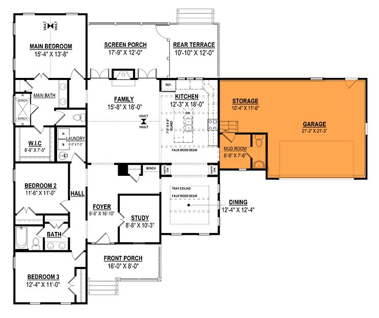 Plan 83672CRW: 3-Bed Country House Plan with Two-Story Great Room - 2015 Sq Ft - Floor Plan - Optional 2-Car Front Garage (+$350) - Cottage, Country
