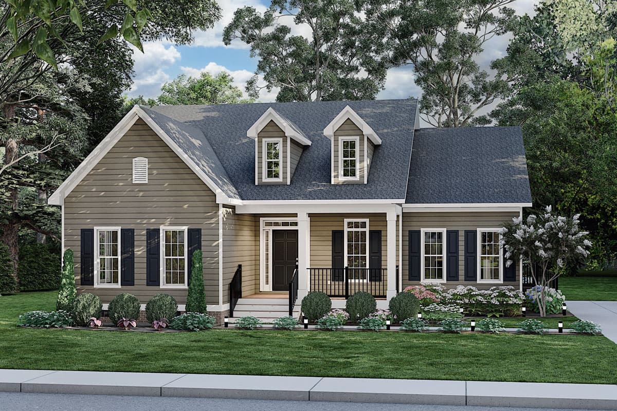 House plan exterior. Ranch style with a front porch, two dormers, and a gable roof. One story house with horizontal siding.