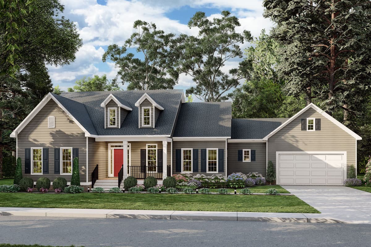House plan exterior: Ranch style, one story, with dormers, covered front porch with columns, and attached garage.