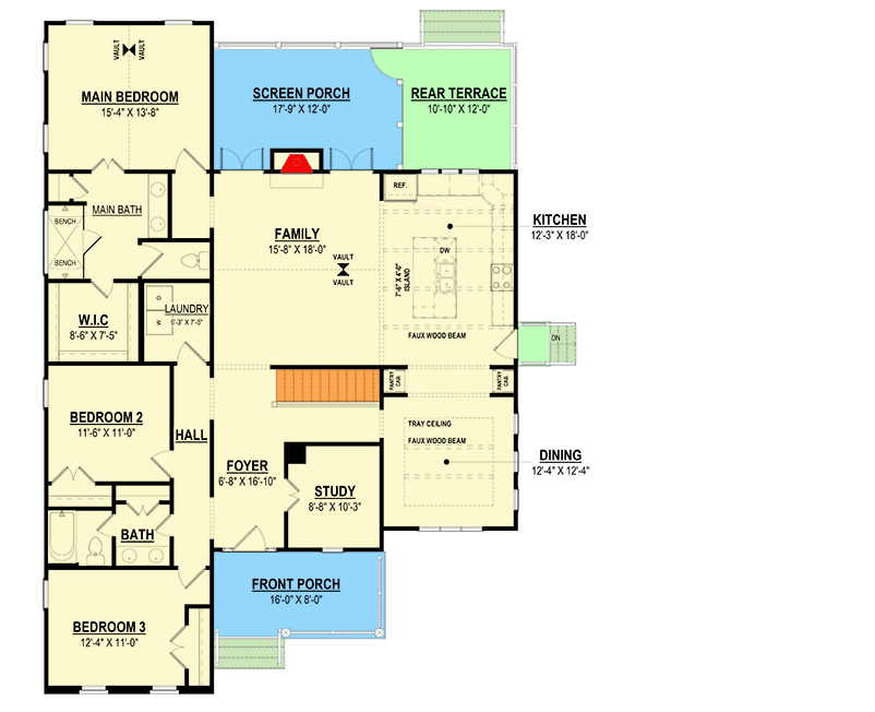 Plan 83674CRW: Single-Story Tudor House Plan with Study - 2015 Sq Ft - Floor Plan - Main Level - Cottage, Tudor