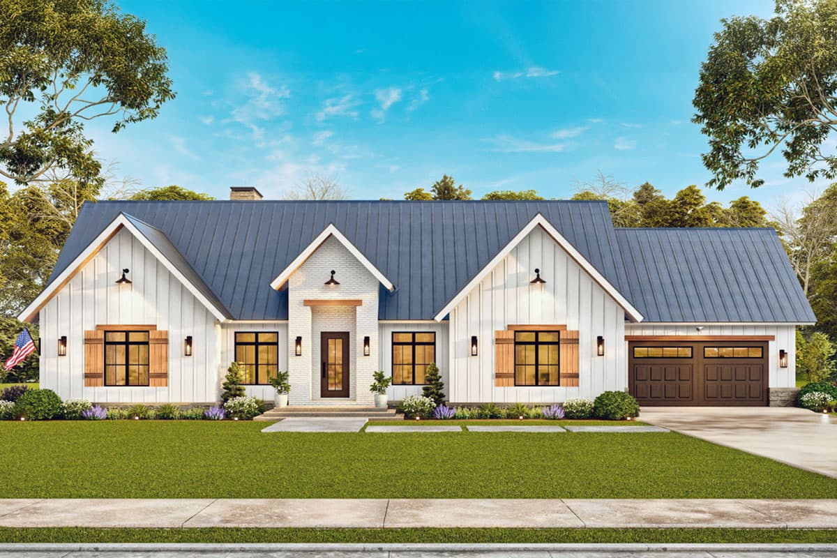 House plan exterior. Modern Farmhouse style with a two-car garage, multiple gables, and board-and-batten siding.