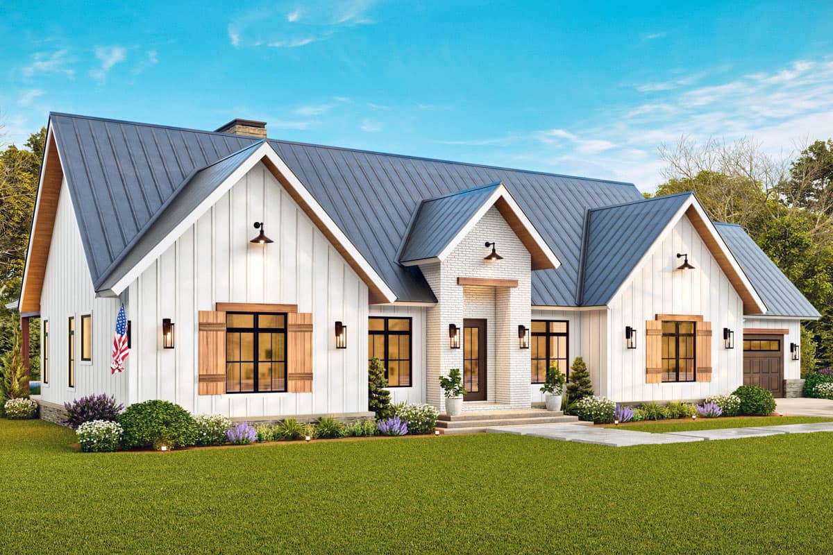 Modern Farmhouse house plan exterior with white board-and-batten siding, gabled rooflines, metal roof, dormers, and attached garage.