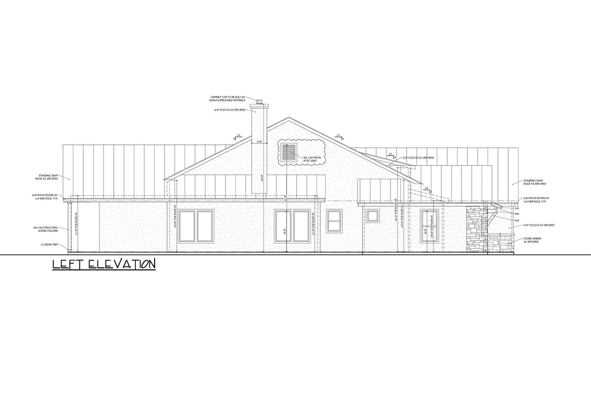 Left elevation house plan showing stucco exterior, stone veneer, chimney, standing seam roof, and dormer with attic vent.