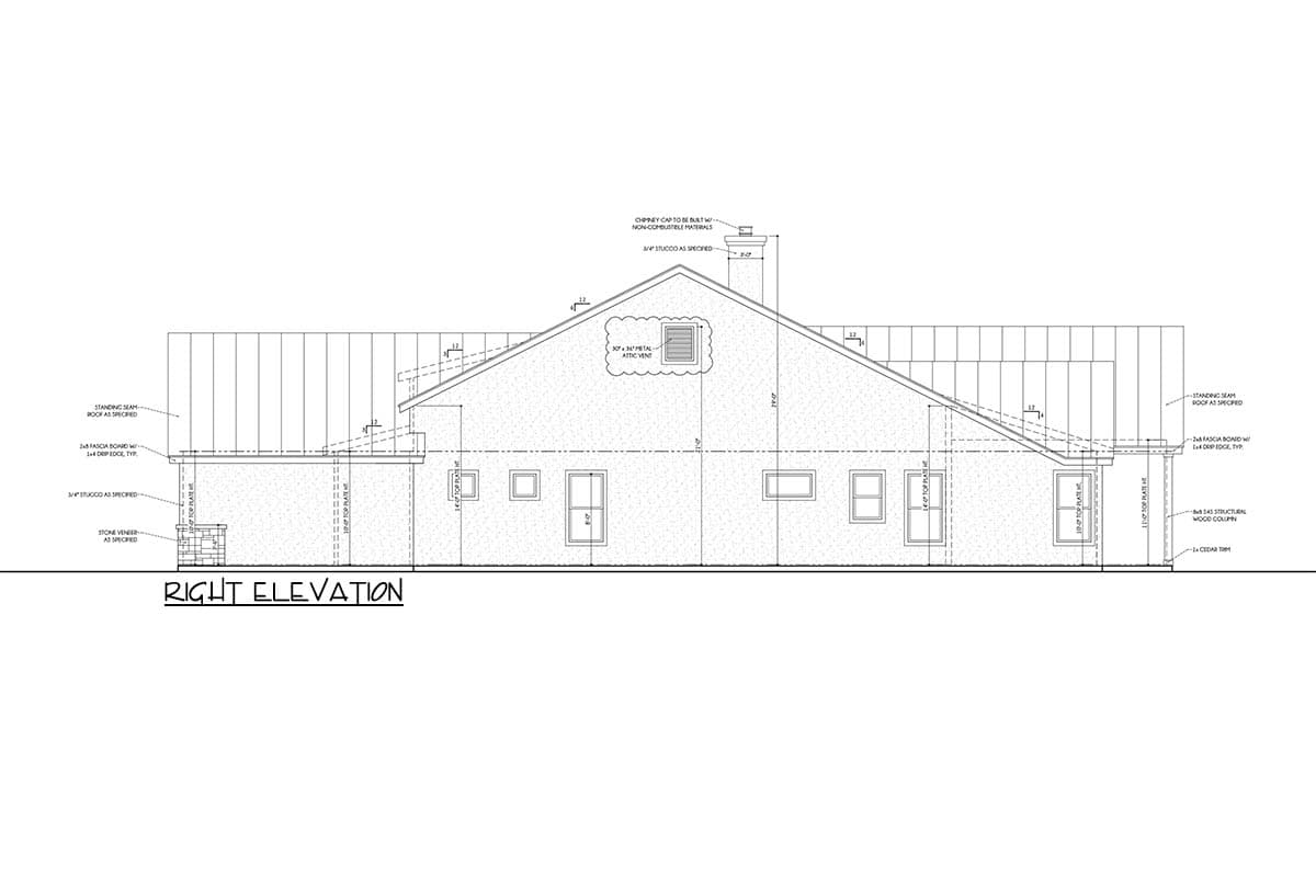 Right elevation house plan showing stucco exterior, standing seam roof, stone veneer chimney, and metal attic vent.
