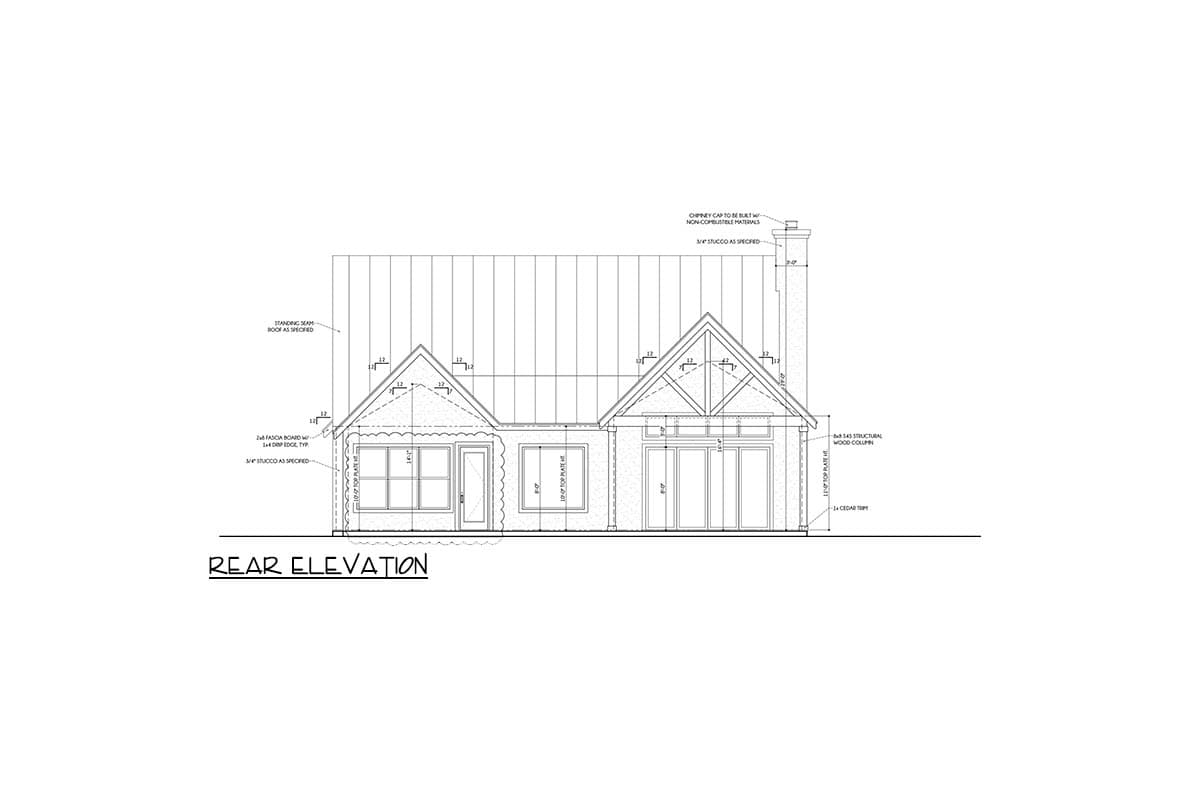 Rear elevation drawing showing a house with a standing seam roof, gables, large windows, and a chimney.