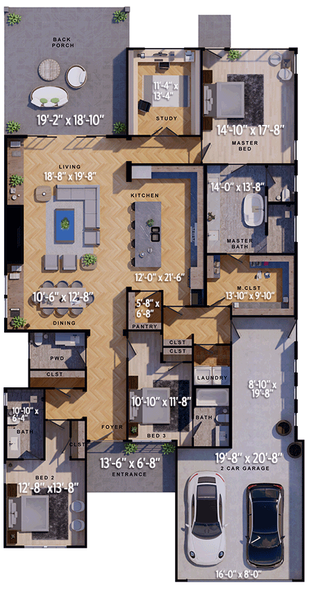 Plan 430101LY: 3-Bed Modern Farmhouse Plan with Study Room - 2474 Sq Ft - Floor Plan - Main Level - Contemporary, Country, Modern Farmhouse, New American
