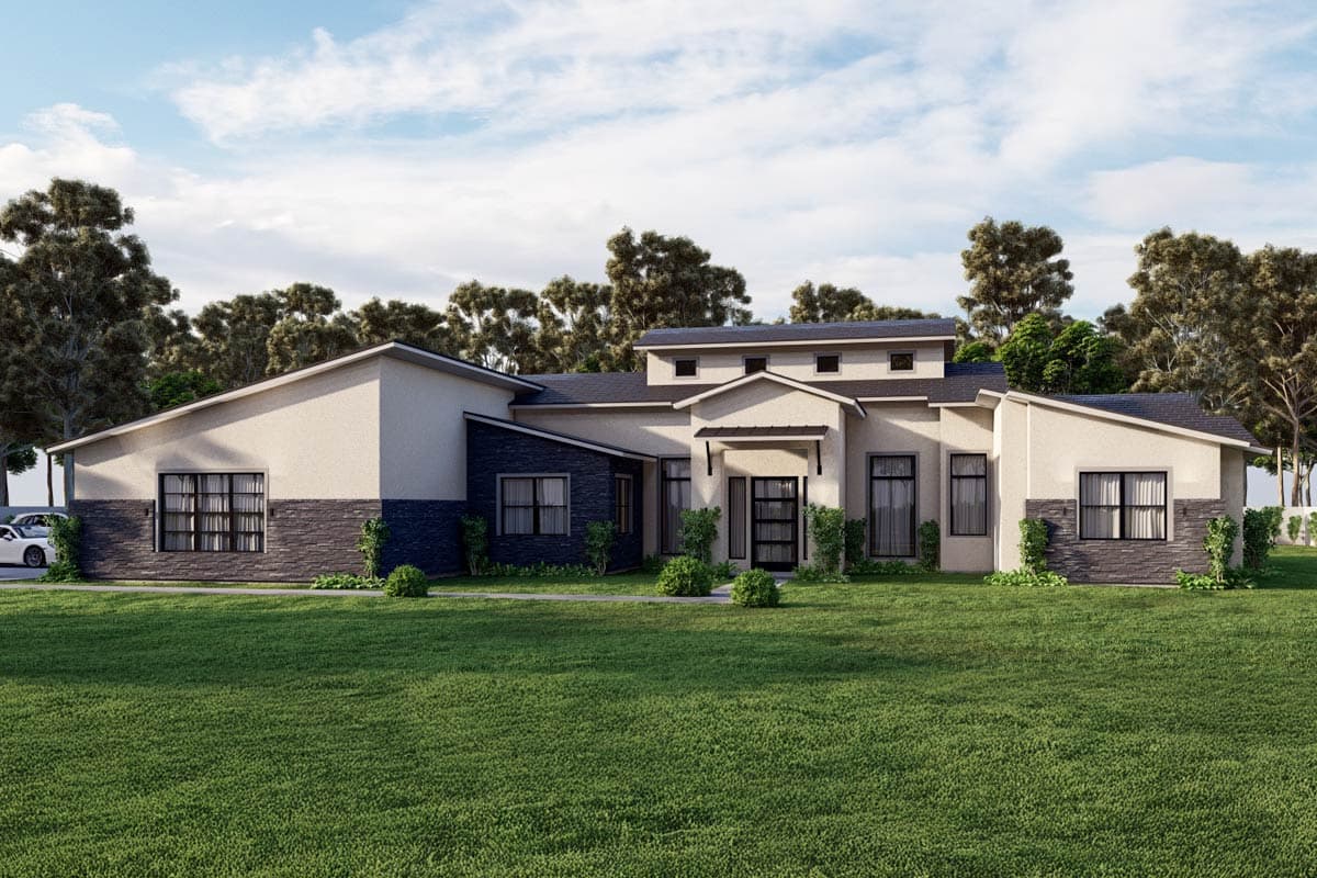 House plan exterior with modern design. Features include low-pitched rooflines, stone veneer accents, and multiple dormers on a two-story structure.