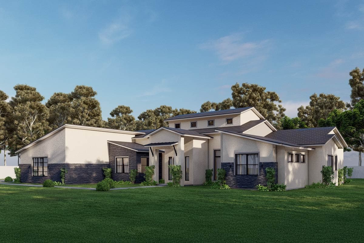 House plan exterior of a modern, single-story home with a mix of stucco and stone, multiple rooflines, and dark-framed windows.