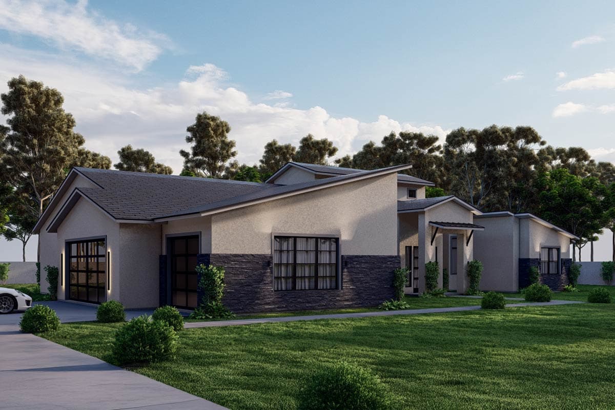 Modern house plan exterior with stucco, stone accents, gabled rooflines, and two garage doors.