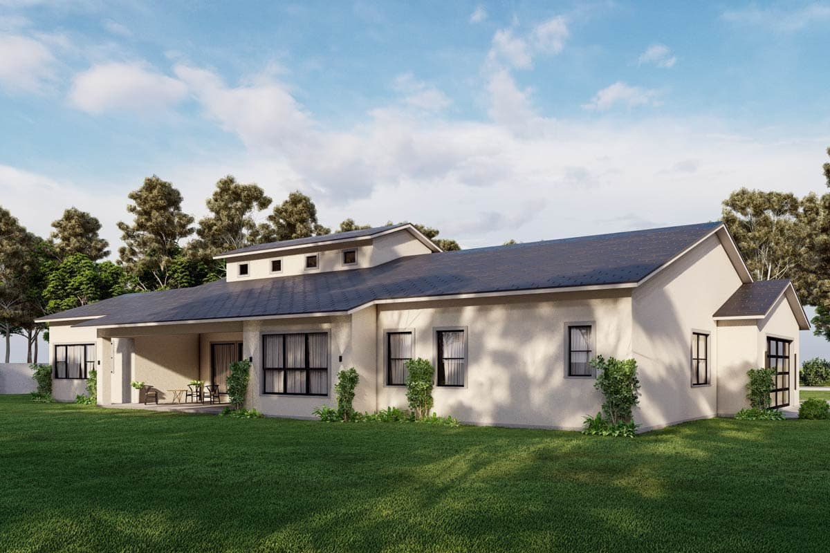 House plan exterior of a single-story Modern Farmhouse with a covered porch, dormers, and intersecting rooflines.